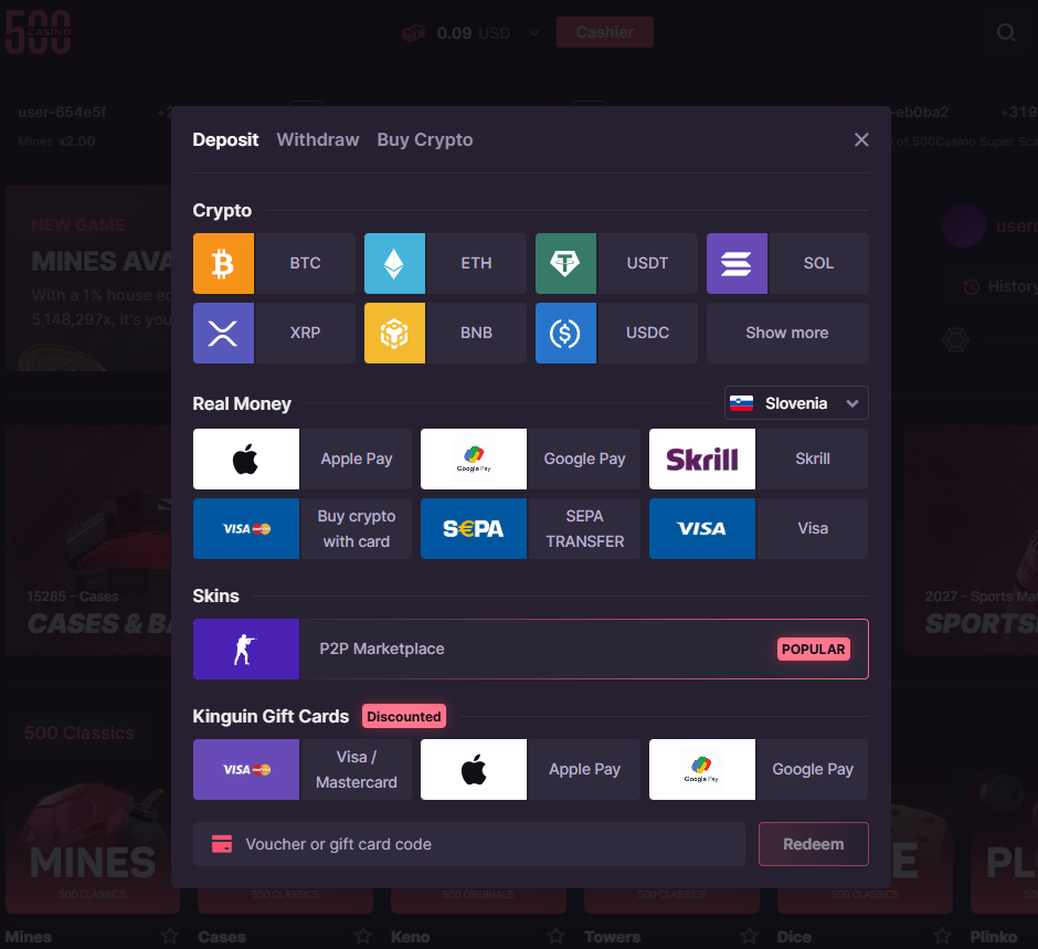 CSGO500 deposit cashier 2026 — supports Crypto (BTC ETH USDT), Apple Pay, Google Pay, Visa, Skins P2P Marketplace and Kinguin Gift Cards
