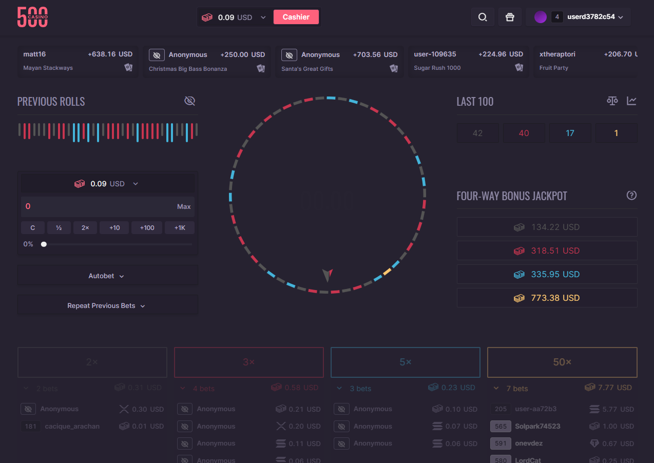 500Casino roulette interface 2026 — circular wheel with 2x, 3x, 5x and 50x betting options