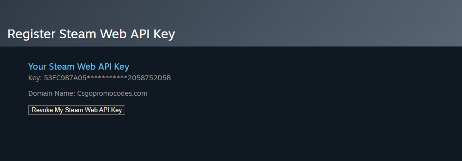 Steam Web API Key page at steamcommunity.com/dev/apikey showing how to check and revoke suspicious API keys