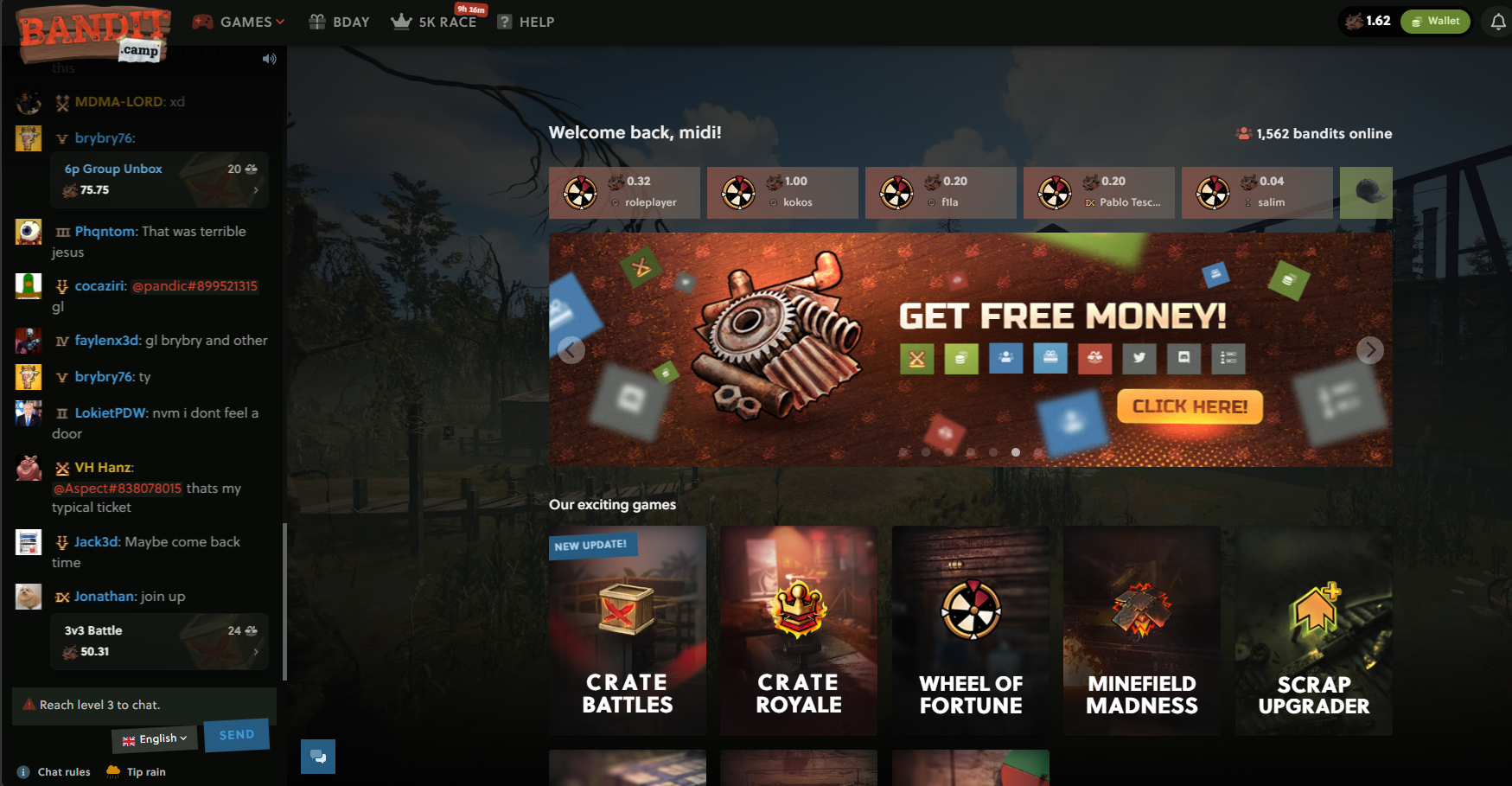 Bandit.Camp CS2 Gambling 2026 - Use code BINROLL for Free Scraps