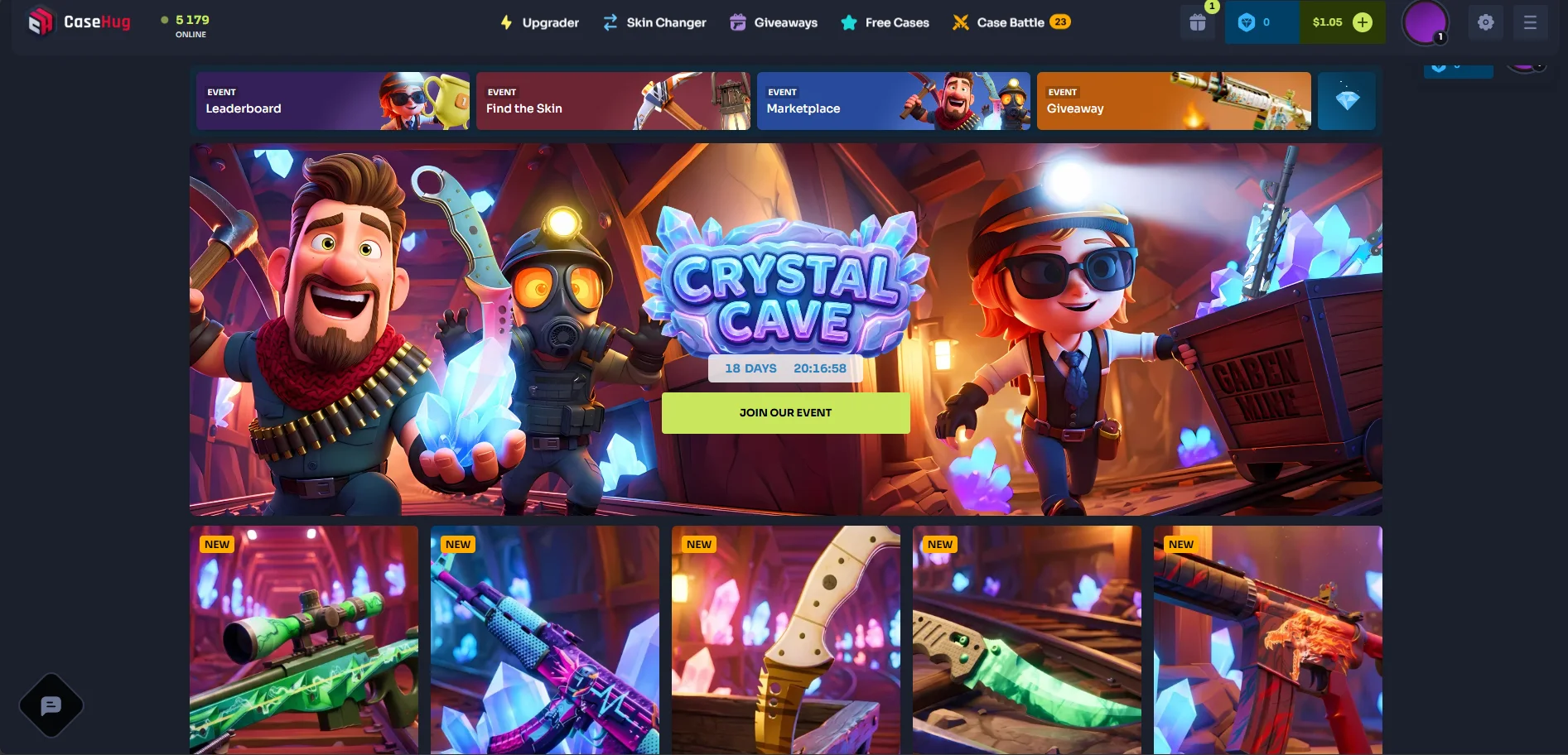 CaseHug homepage 2026 — 5179 Online. Navigation: Upgrader Skin Changer Giveaways Free Cases Case Battle 23 active. Four EVENT banners: Leaderboard Find the Skin Marketplace Giveaway. Crystal Cave event banner 18 DAYS 20:16:58 countdown with JOIN OUR EVENT button and cartoon characters miners. Five NEW Crystal Cave CS2 skin cases visible below (AWP, AK-47, knife, bayonet, M4 skins). Wallet $1.05. Balance 0 coins.