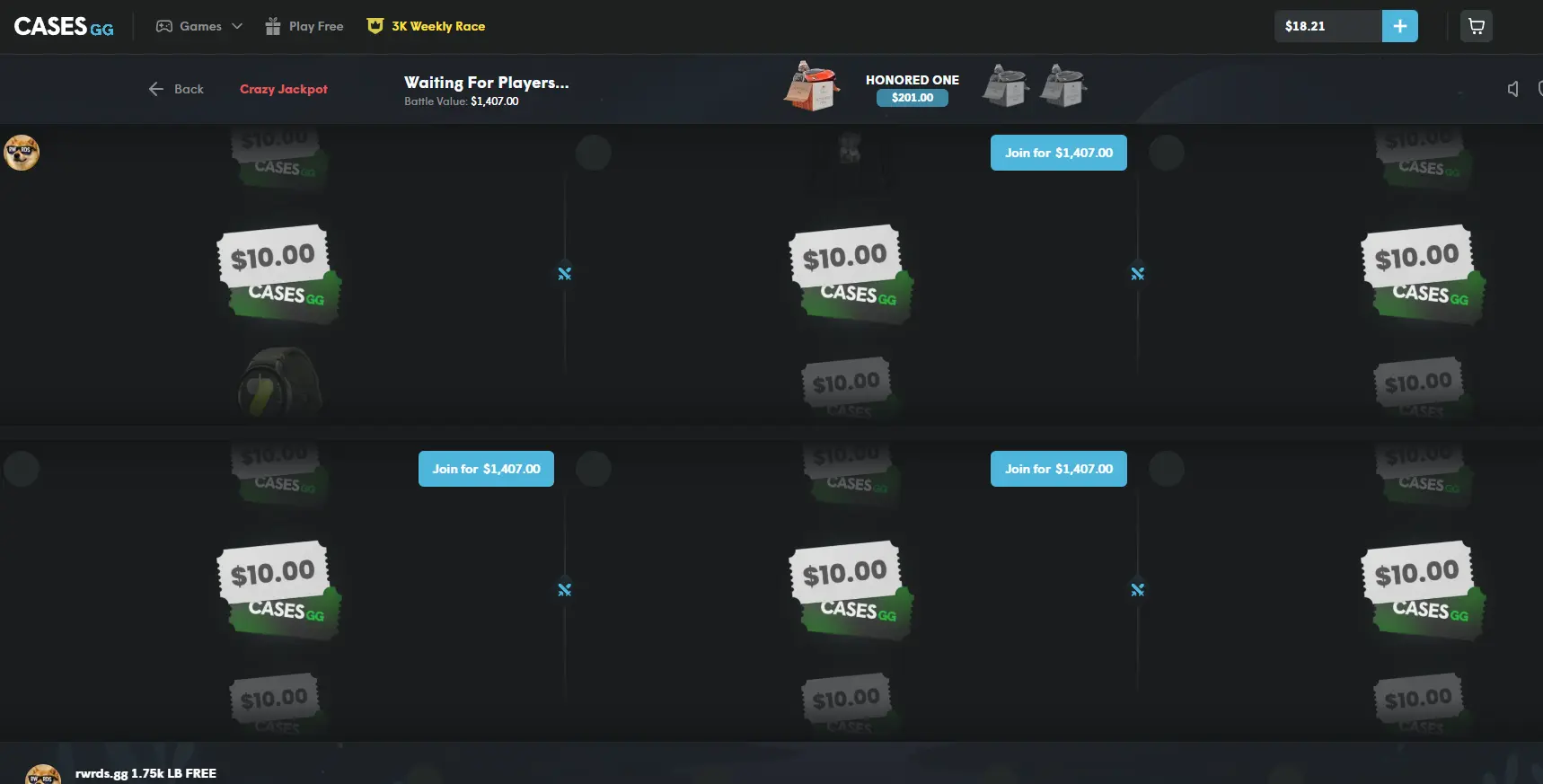 Cases.gg Crazy Jackpot battle 2026 — $1,407 battle value, Honored One case $201, multiple players competing, Join for $1,407 buttons visible, 3K Weekly Race header