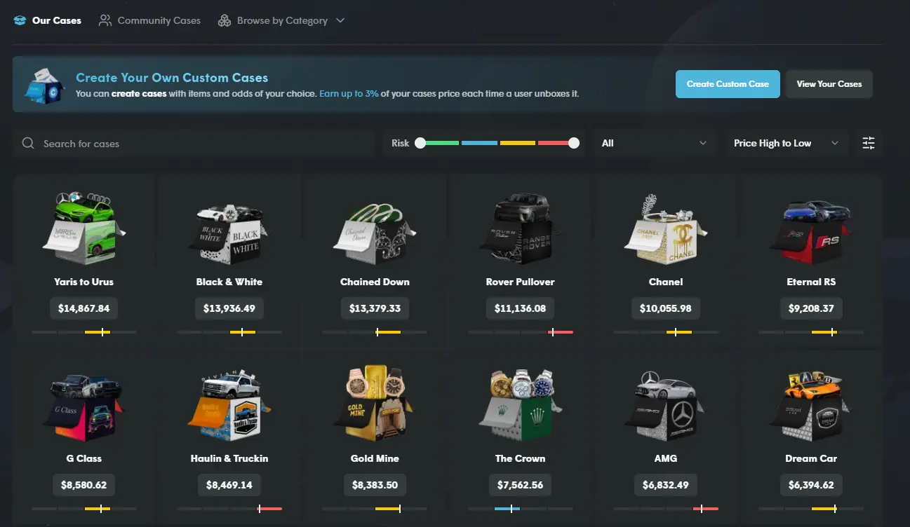 Cases.gg case catalog 2026 — luxury cases including Yaris to Urus $14,867, Black and White $13,936, Chained Down $13,379, Rover Pullover $11,136, Chanel $10,055, Eternal RS $9,208, G Class $8,580, Gold Mine $8,383, The Crown Rolex $7,562, Mercedes AMG $6,832