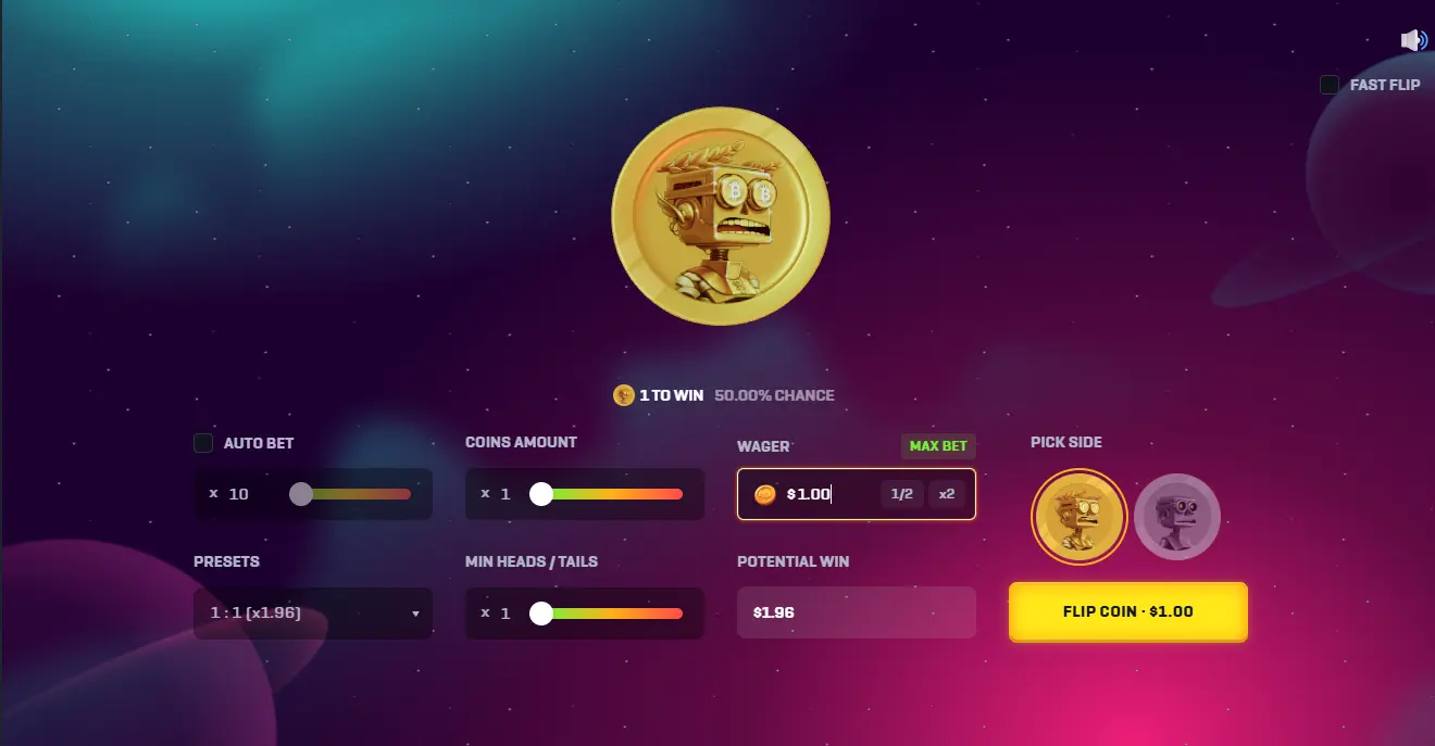 CS2 coinflip game interface — 50% chance, x1.96 payout