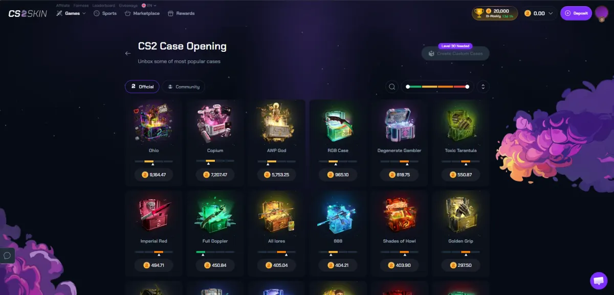 CS2Skin case opening page with Official and Community cases, prices in coins and risk bars