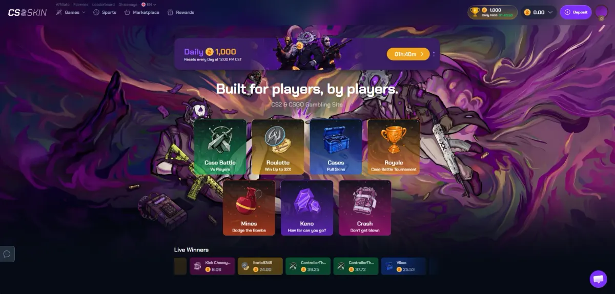 CS2Skin homepage showing Case Battle, Roulette, Cases, Royale, Mines, Keno and Crash with the daily race banner