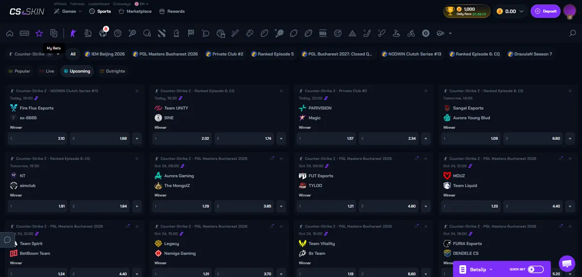 CS2Skin sportsbook with Counter-Strike 2 matches, tournaments and winner odds