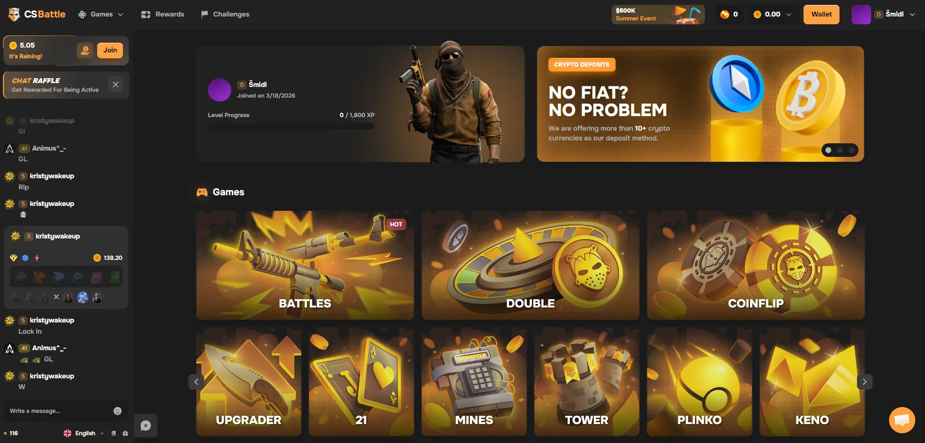 CSBattle homepage 2026 — $500K Summer Event banner, live Rain pot at 5.05 with Join button and countdown, Chat Raffle 'Get Rewarded For Being Active', crypto deposits banner offering 10+ currencies, Level Progress XP bar, and the Games grid: Battles (HOT), Double, Coinflip, Upgrader, 21, Mines, Tower, Plinko and Keno.