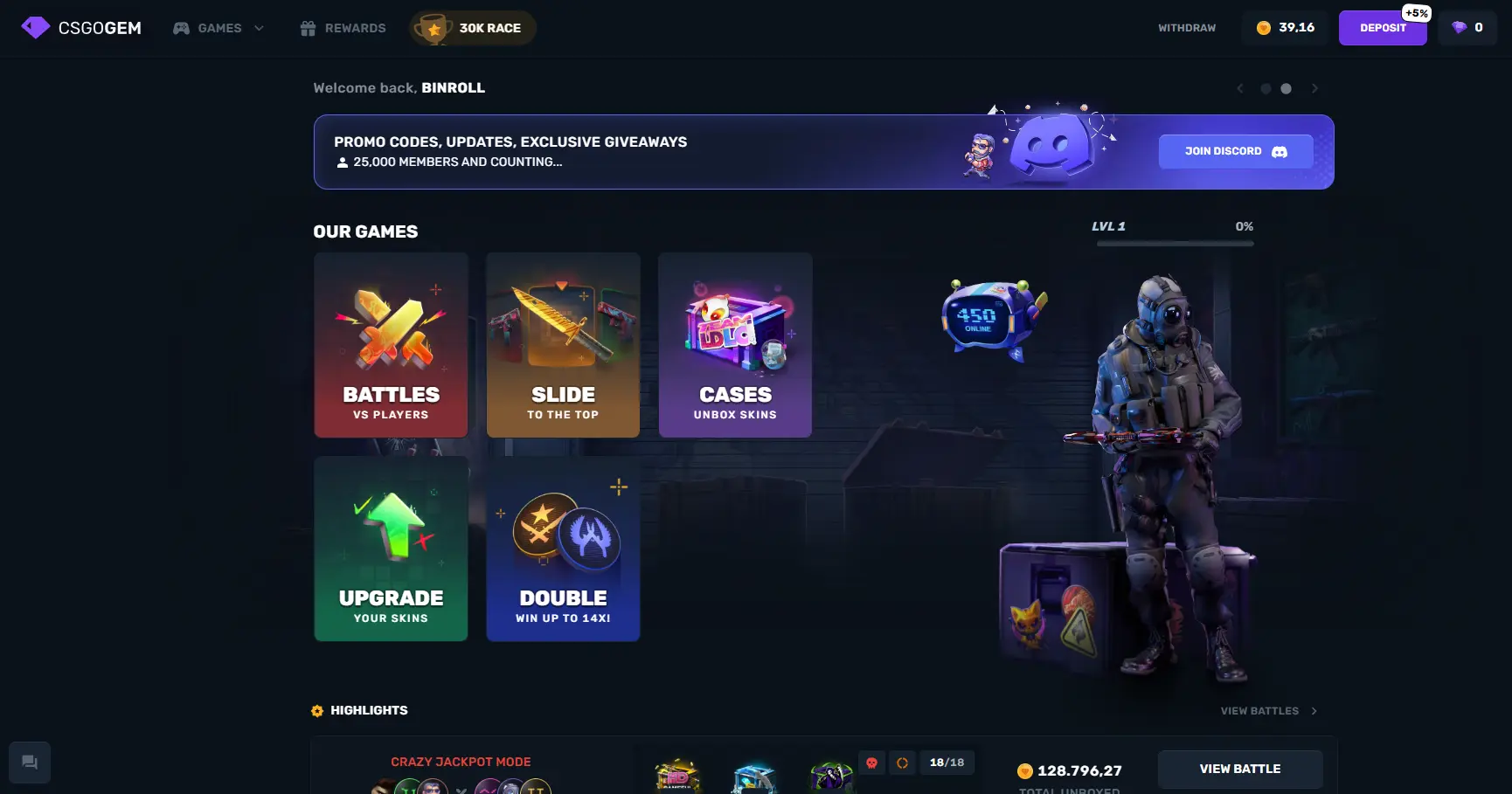 CSGOGem homepage 2026 — skin upgrader, case opening, case battles, roulette, 5% daily deposit bonus, weekly race leaderboard, provably fair CS2 gambling