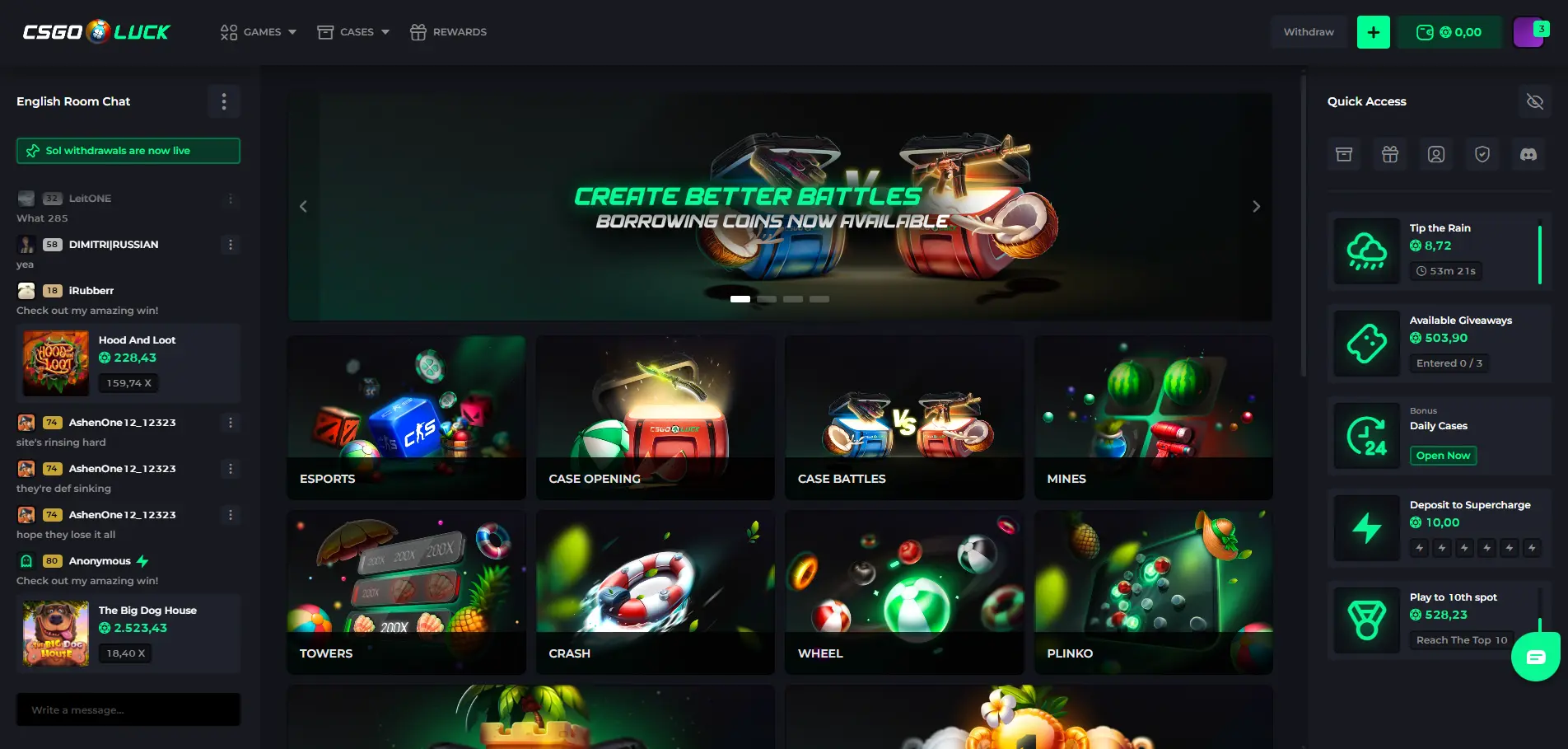 CSGOLuck homepage 2026 — Create Better Battles banner with borrowing coins, ESports, Case Opening, Case Battles, Mines, Towers, Crash, Wheel, Plinko games, English Room Chat with recent big wins, Quick Access sidebar showing Tip the Rain 8.72 coins, Available Giveaways 503.90 coins, Daily Cases, Deposit to Supercharge, Play to 10th spot leaderboard