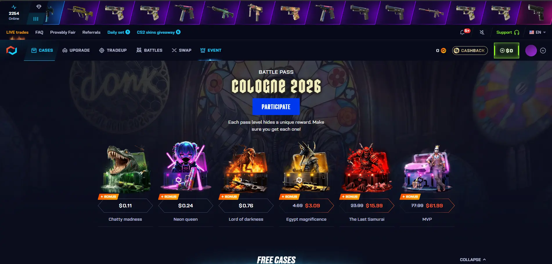 CSGOnet homepage 2026 — 2254 online, weapon skins carousel, Cases Upgrade Tradeup Battles Swap Event navigation, Cologne 2026 Battle Pass with Participate button, Free Cases bonus chests Chatty madness Neon queen Lord of darkness Egypt magnificence The Last Samurai MVP with discounted bonus prices