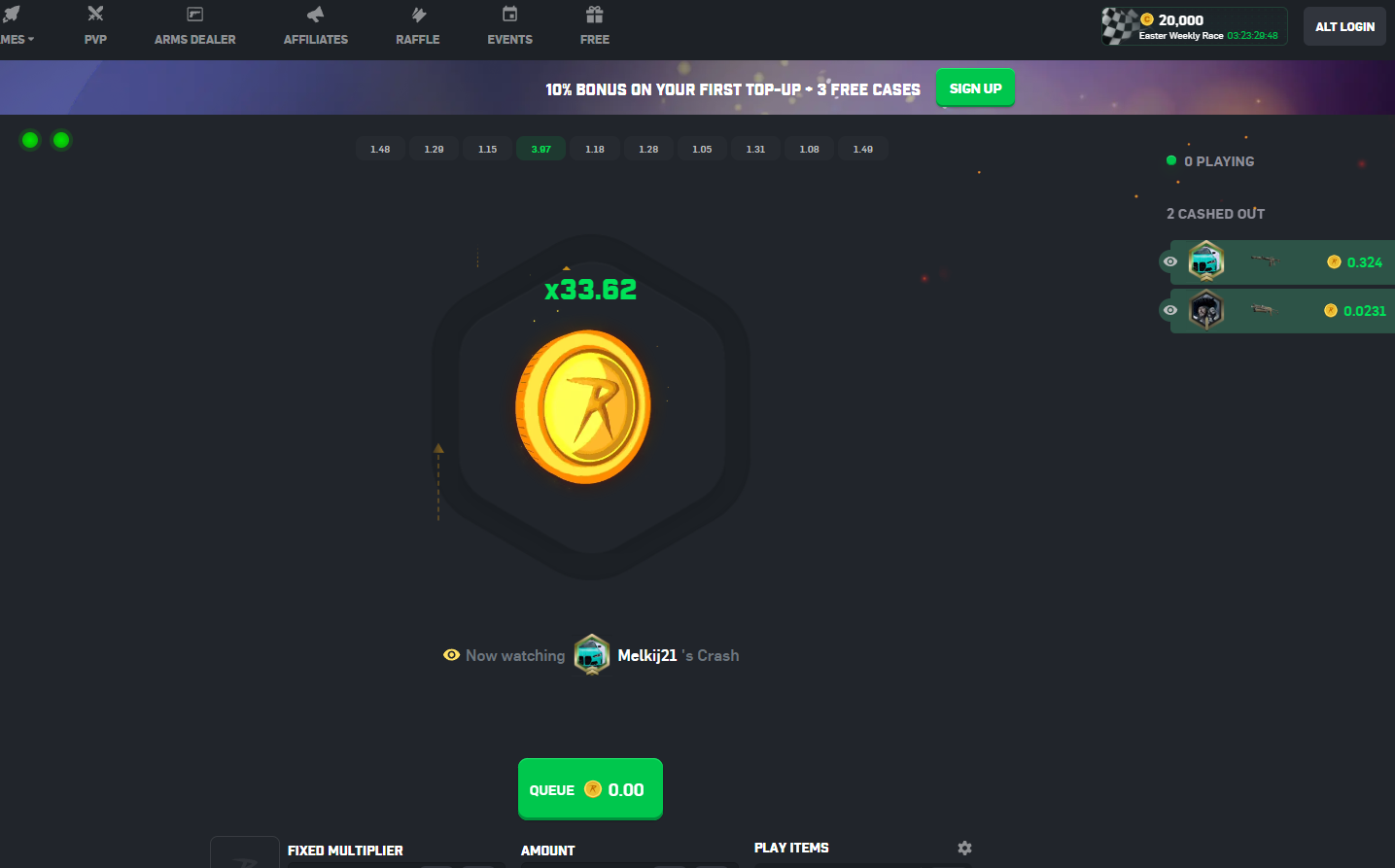 CSGORoll crash game 2026 — high volume crash platform with consistent multiplier history