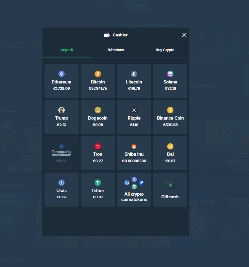 Duelbits cashier 2026 — crypto deposit options including Ethereum, Bitcoin, Litecoin, Solana, USDC, Tether and more