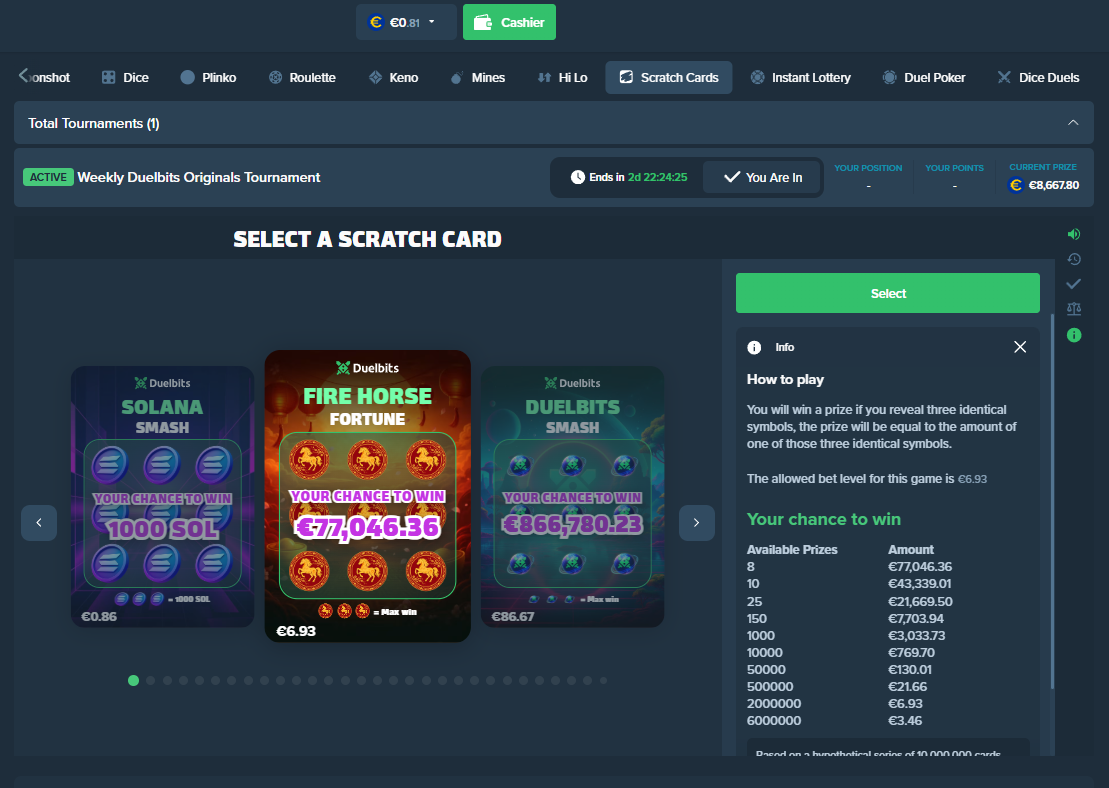 Duelbits Scratch Cards 2026 — Fire Horse Fortune with €77,046 max win, Weekly Tournament active