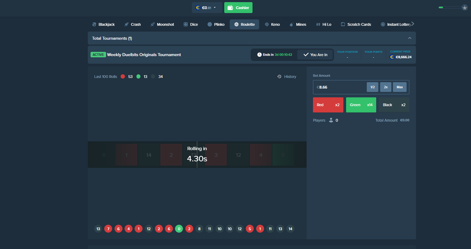 Duelbits roulette game interface 2026 — Red x2, Green x14, Black x2 betting options with Weekly Tournament