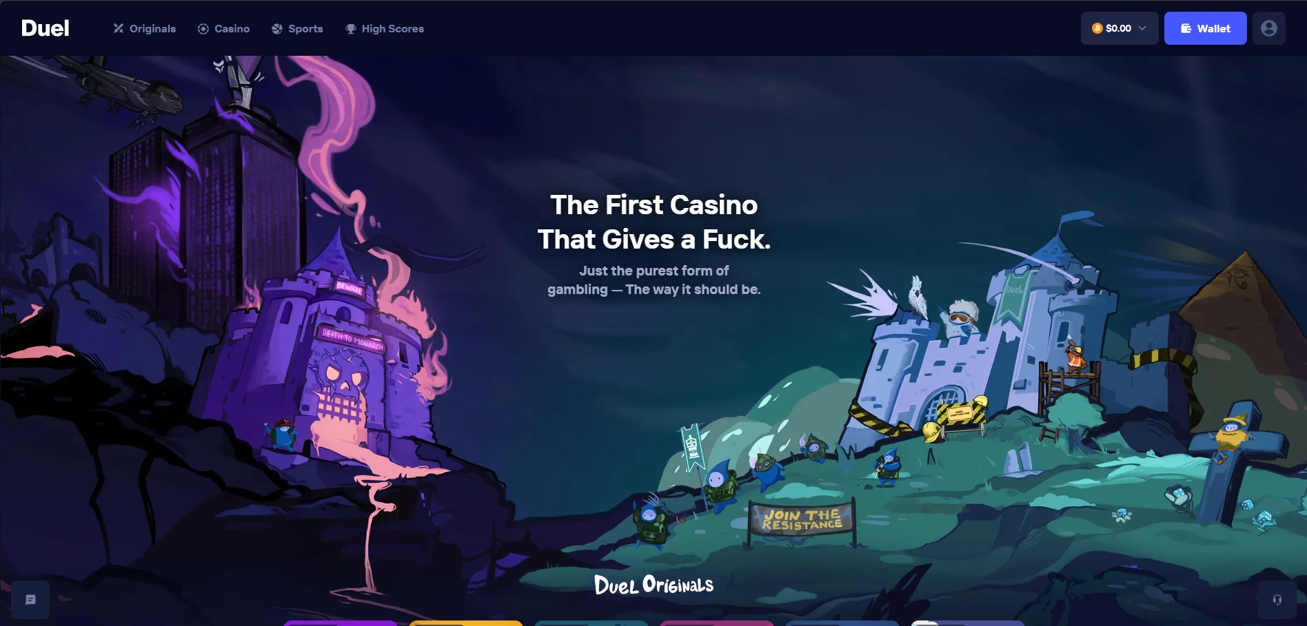Duel casino homepage 2026 — The First Casino That Gives a Fuck. Just the purest form of gambling the way it should be. Duel Originals section with 100% RTP games Crash Dice Plinko Mines Blackjack Keno. Navigation: Originals Casino Sports High Scores. Join The Resistance banner. $0.00 wallet balance. 1360 Online players. $1M monthly and $25K daily leaderboards now live for slots and live games announcement