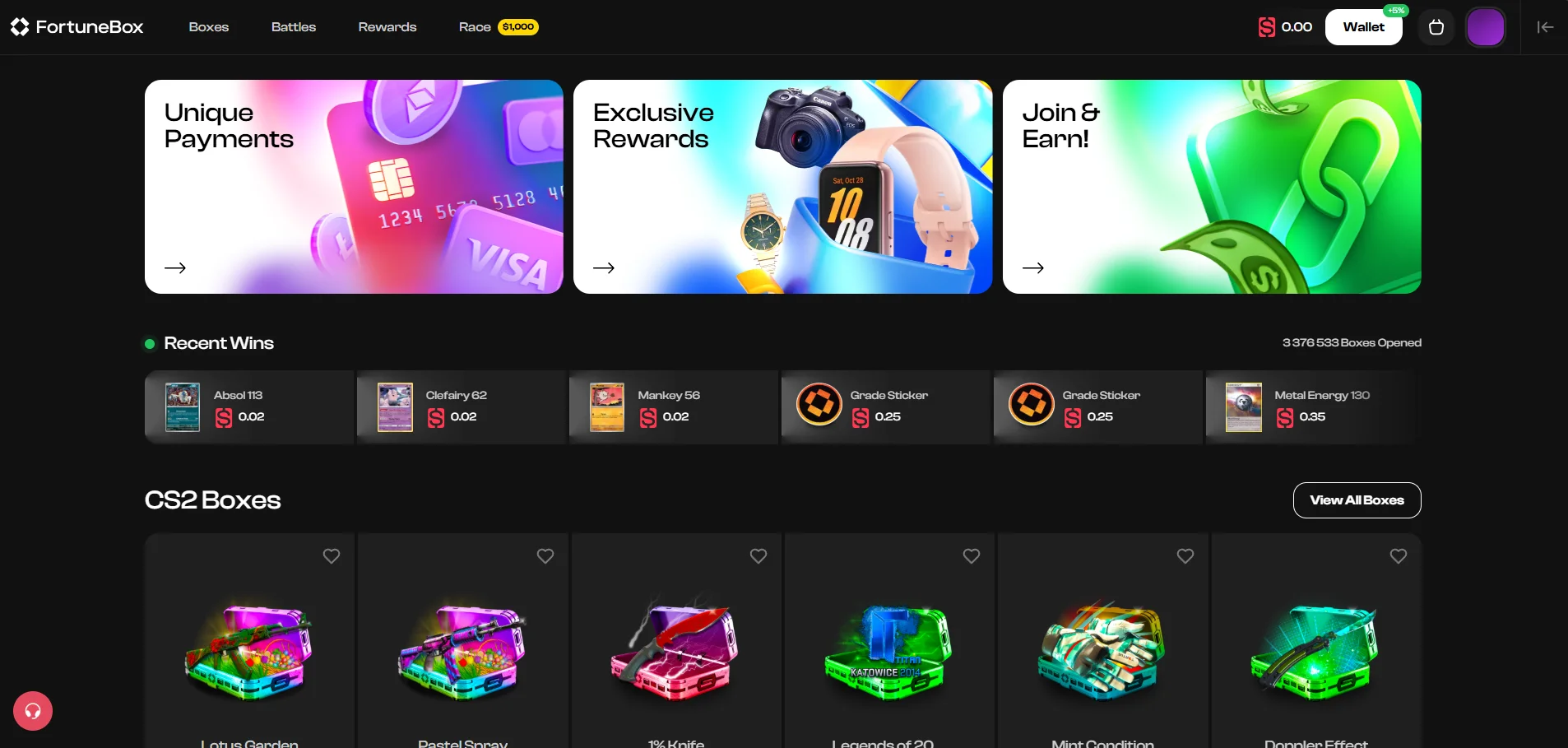 FortuneBox homepage 2026 — Navigation: Boxes Battles Rewards Race $1000. Three feature banners: Unique Payments (Visa card), Exclusive Rewards (Canon camera smartwatch), Join and Earn affiliate. Recent Wins live feed showing Absol 113 Clefairy 62 Mankey 56 Grade Sticker Metal Energy TCG card wins. 3376533 boxes opened counter. CS2 Boxes section with View All Boxes button showing Lotus Garden Pastel Spray 1% Knife Legends of 20 Mint Condition Doppler Effect cases. S coin currency 0.00 balance. Wallet button top right.