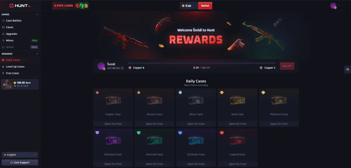 Hunt.gg Rewards page with the XP bar and nine daily cases from Copper to Legend