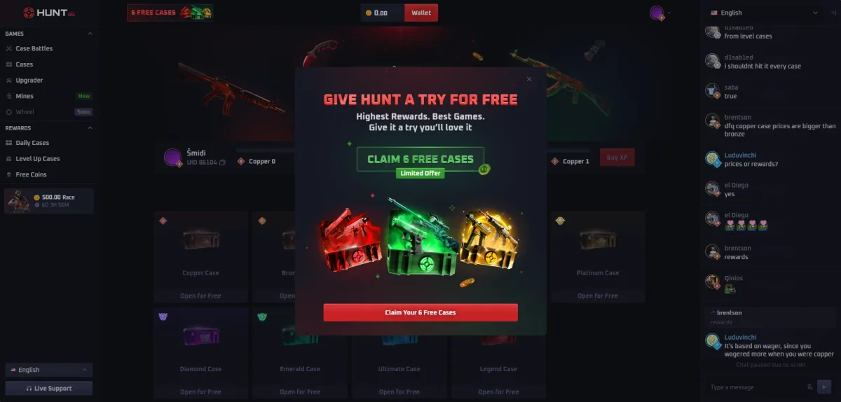 Hunt.gg Give Hunt a try for free pop-up offering 6 free cases