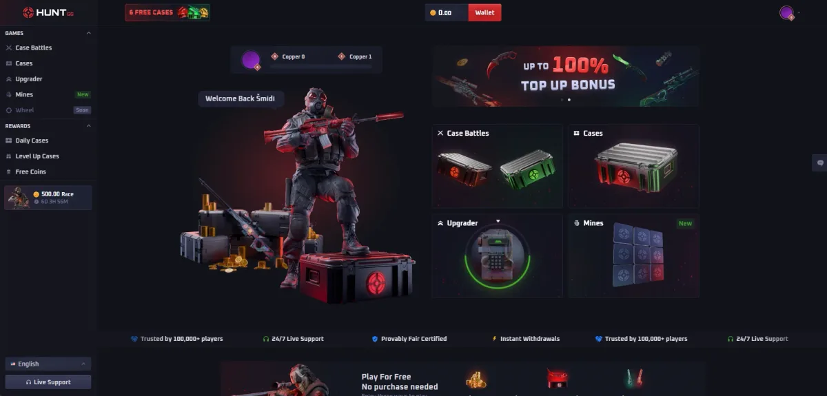 Hunt.gg homepage with the Up to 100% Top Up Bonus banner and the Case Battles, Cases, Upgrader and Mines tiles
