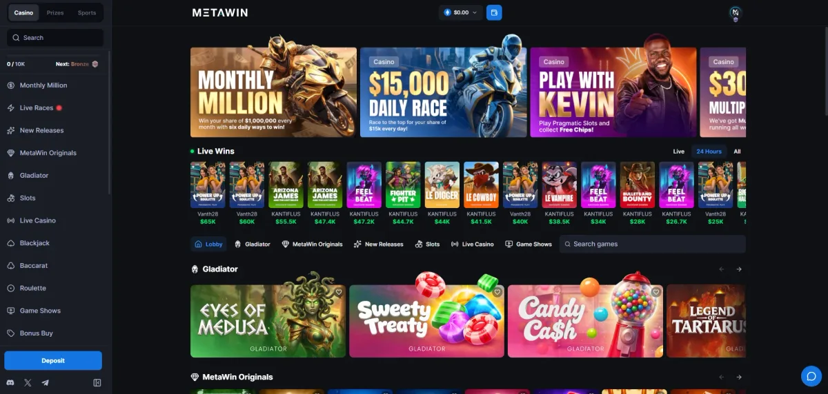 MetaWin casino lobby with the Monthly Million, $15,000 Daily Race and Play with Kevin banners, Live Wins and the Gladiator slots row