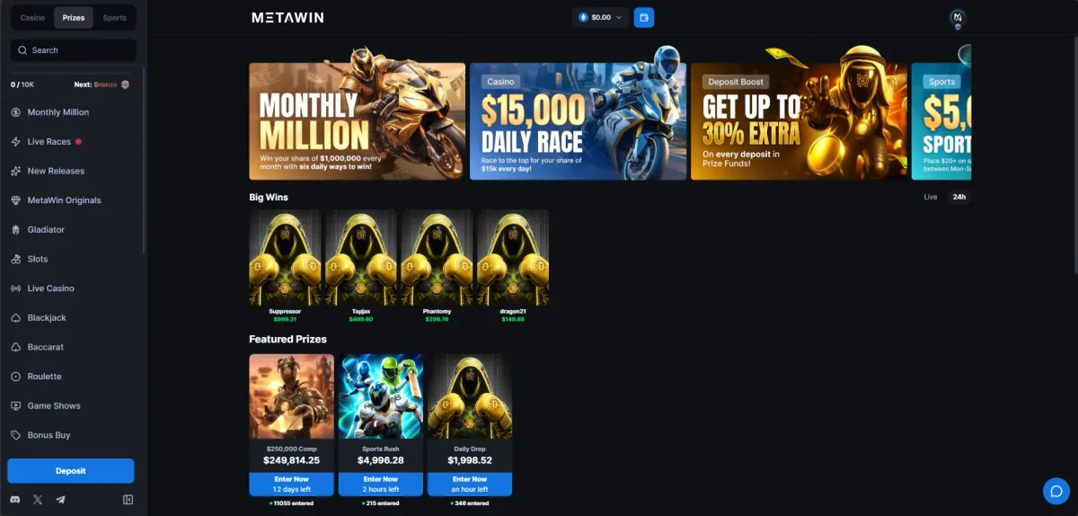 MetaWin Prizes tab with Big Wins and Featured Prizes: a $250,000 Comp, Sports Rush and Daily Drop with entry counts