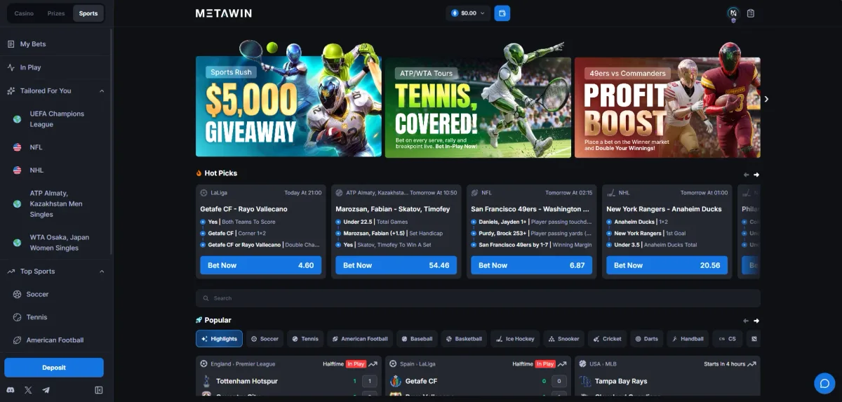 MetaWin sportsbook with Sports Rush, tennis and profit boost banners, Hot Picks bet builders and the Popular sports row including CS