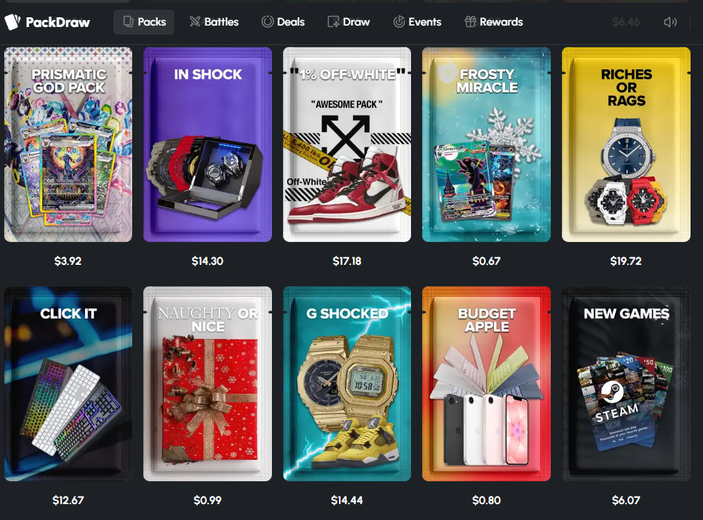 Packdraw packs selection 2026 — Prismatic God Pack, Off-White sneakers pack, G-Shocked watches, luxury item packs from $0.67 to $19.72