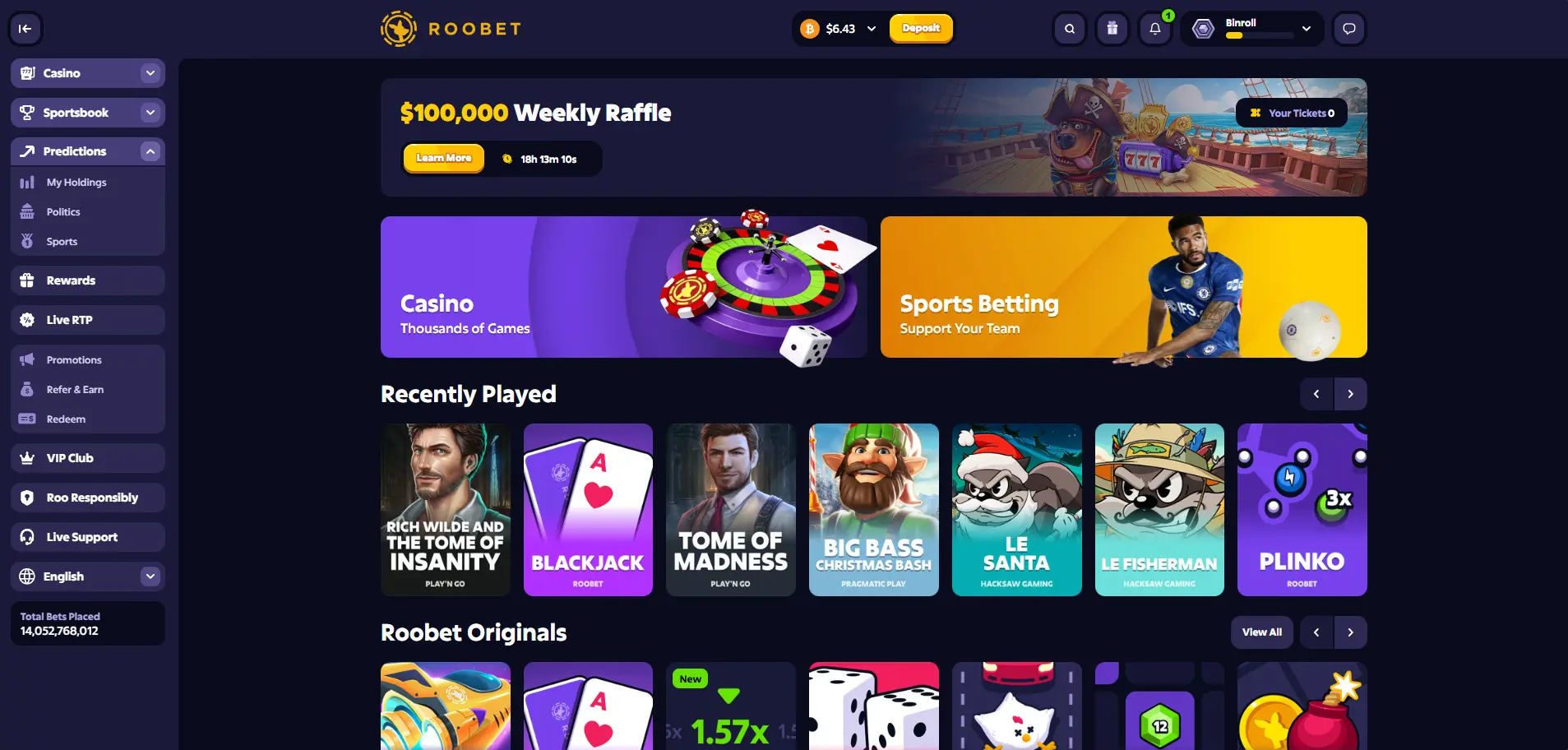 Roobet casino homepage 2026 — $100,000 Weekly Raffle, Casino thousands of games, Sports Betting, Roobet Originals, Recently Played Rich Wilde Tome of Insanity, Blackjack, Tome of Madness, Big Bass Christmas Bash, Le Santa Hacksaw Gaming, Le Fisherman, Plinko 3x, 14,052,768,012 total bets placed