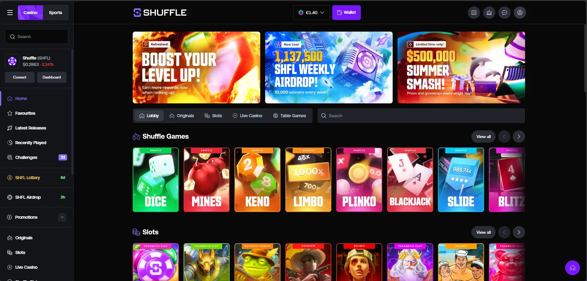 Shuffle casino homepage 2026 — SHFL token $0.2863, Boost Your Level Up! banner, 1,137,500 SHFL Weekly Airdrop 10,000 winners every week, $500,000 Summer Smash limited time prizes every day, Shuffle Games section showing Dice Mines Keno Limbo Plinko Blackjack Slide Blitz Originals, Slots from Pragmatic Play Hacksaw Nolimit City, SHFL Lottery 6 days remaining, SHFL Airdrop 2 hours, Casino and Sports tabs
