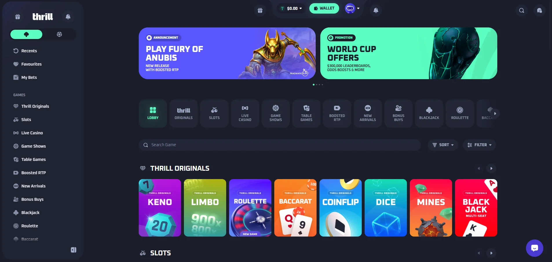Thrill casino homepage 2026 — Thrill Originals section showing Keno Limbo Roulette NEW Baccarat Coinflip Dice Mines Blackjack Multi-Seat games. ANNOUNCEMENT banner Play Fury of Anubis new release with Boosted RTP from Pragmatic Play. PROMOTION banner World Cup Offers with $300,000 leaderboards odds boosts. Sidebar navigation: Thrill Originals Slots Live Casino Game Shows Table Games Boosted RTP New Arrivals Bonus Buys Blackjack Roulette Baccarat. Top nav: Lobby Originals Slots Live Casino Game Shows Table Games Boosted RTP New Arrivals Bonus Buys Blackjack Roulette. Discord icon visible. Wallet $0.00.