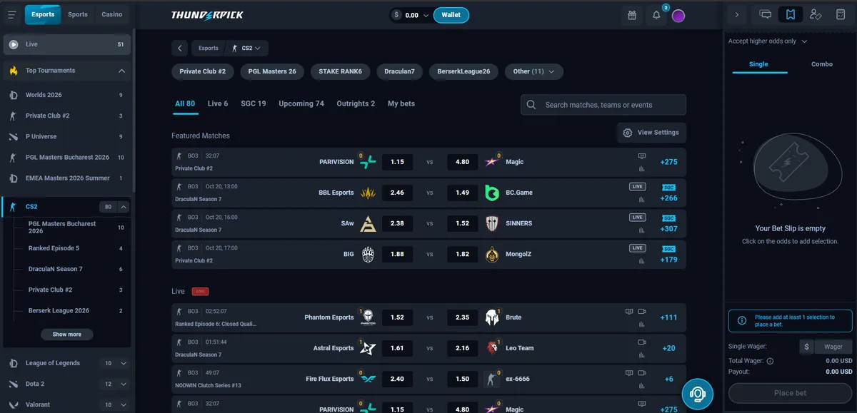 Thunderpick CS2 betting page with tournament tabs, All, Live, Upcoming and Outrights filters, featured matches and decimal odds