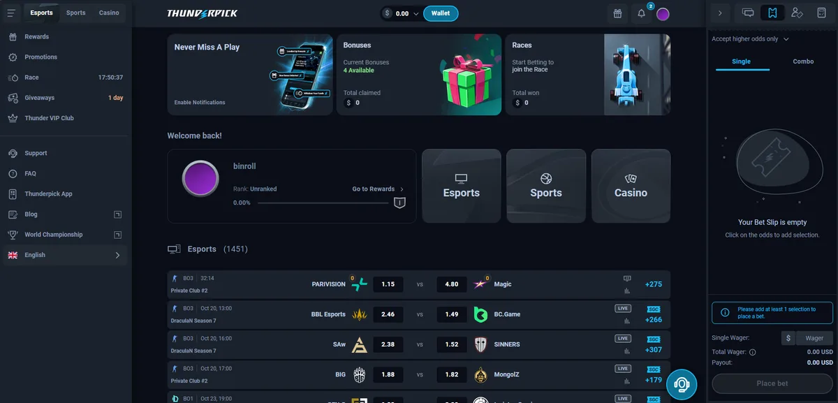 Thunderpick lobby after login with the Bonuses and Races cards, rank progress, Esports, Sports and Casino buttons and the esports match list