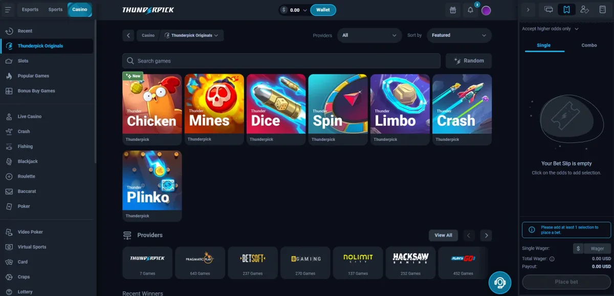 Thunderpick Originals page with Chicken, Mines, Dice, Spin, Limbo, Crash and Plinko and the casino providers row