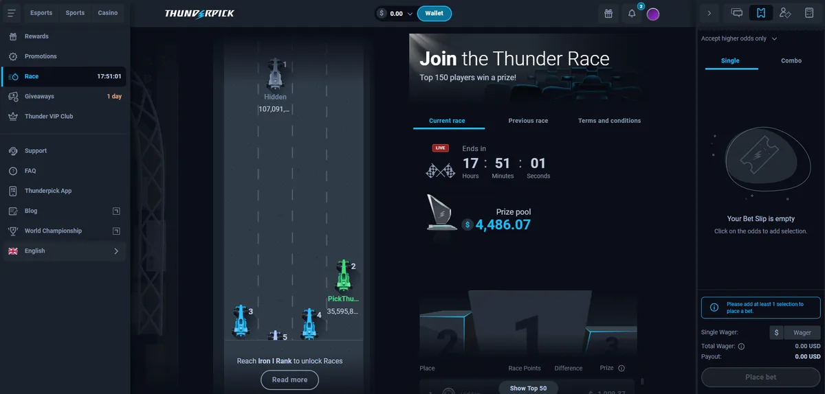 Thunderpick Thunder Race page with the race track, countdown, prize pool and leaderboard