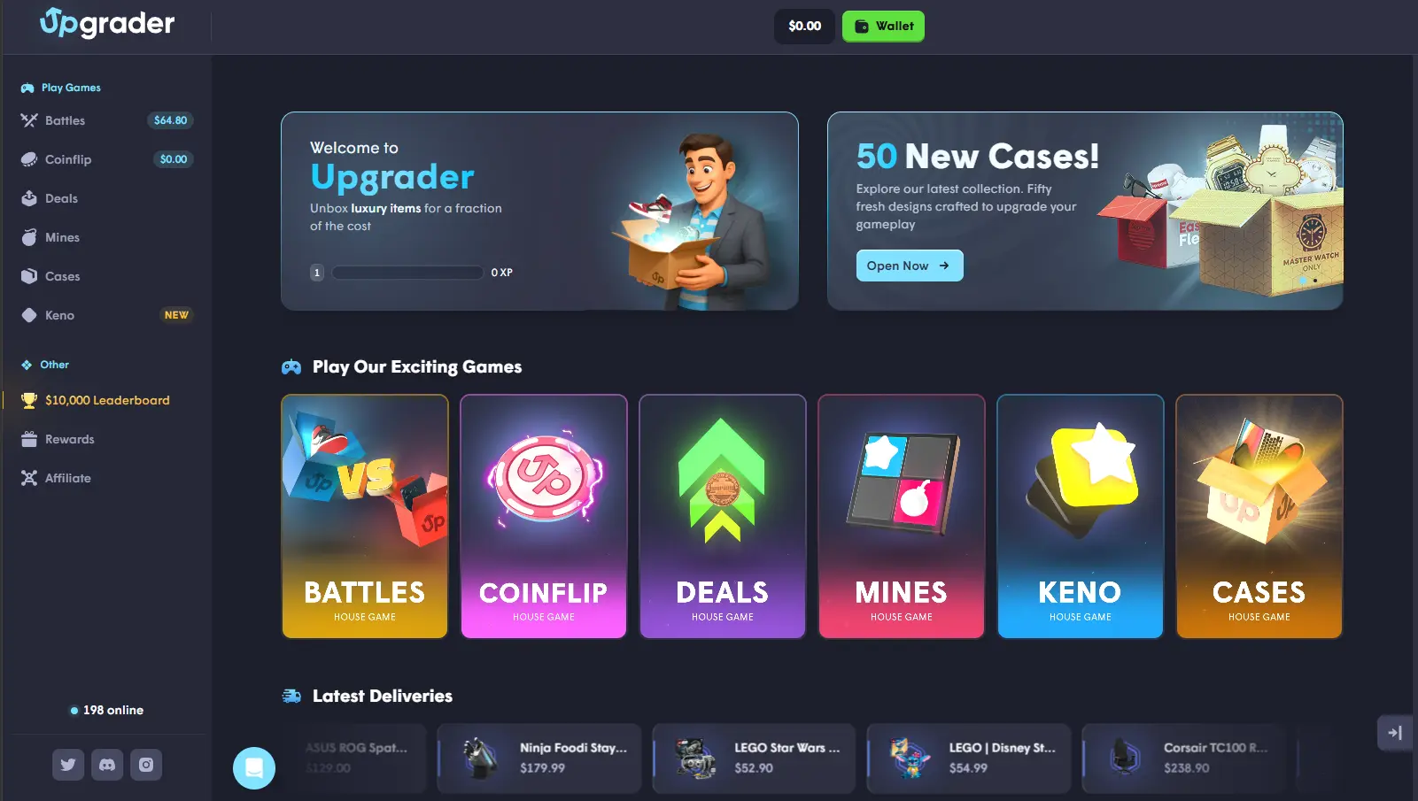 Upgrader.com homepage 2026 — Battles Coinflip Deals Mines Keno Cases house games, 50 New Cases collection, Latest Deliveries ASUS ROG Spat $129 Ninja Foodi Stay $179.99 LEGO Star Wars $52.90 LEGO Disney $54.99 Corsair TC100 Racing Chair $238.90, 198 online players, $10000 Leaderboard in sidebar